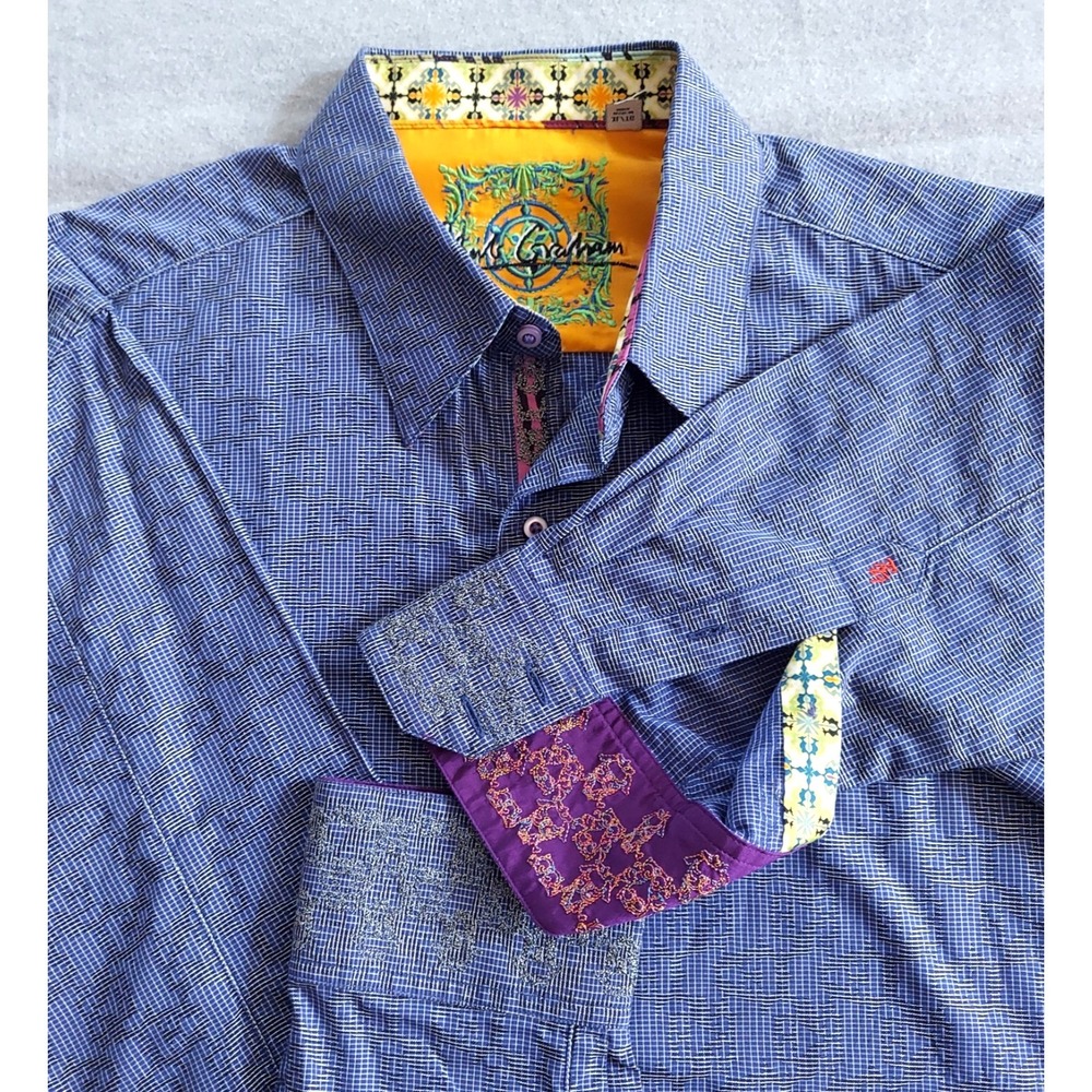 Robert Graham Mens Blue Micro Check Embroidered Shirt Contrast Flip Cuff Trim XL